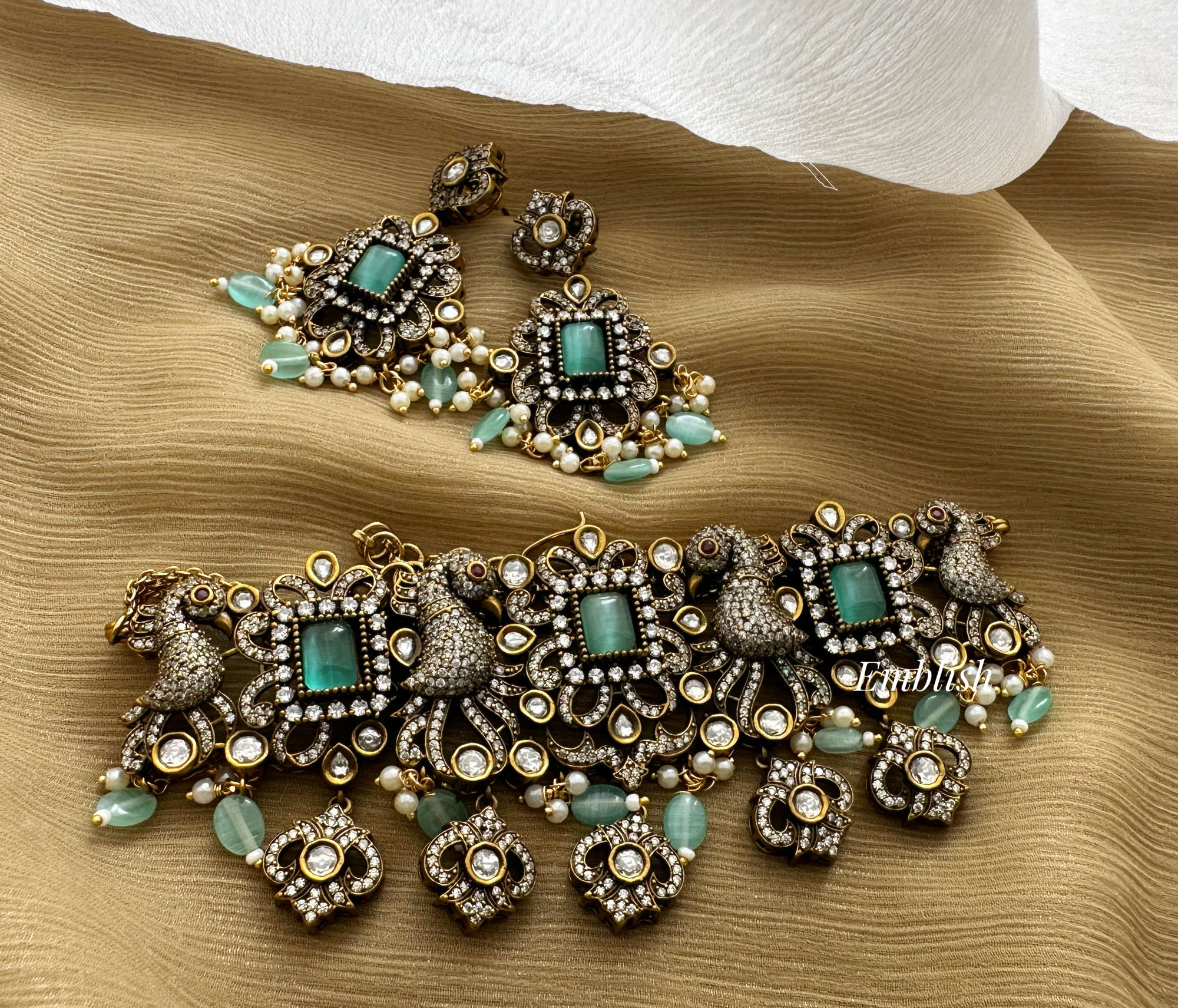 Royal Victorian Flower with Peacock Choker Pastel Blue